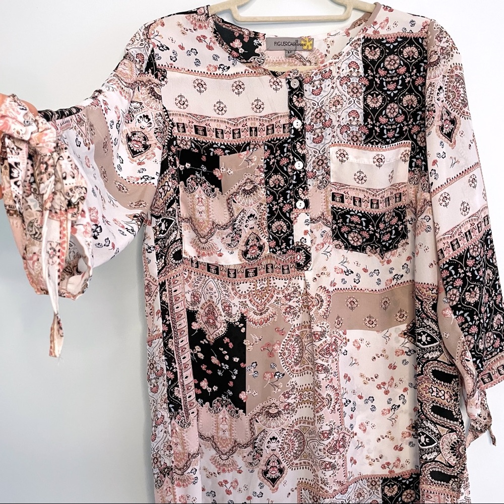 Long Floral Tunic Blouse or Beach Cover Up with 3/4 Sleeves